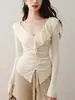 Suéter ajustado de punto con cuello en V fruncido y pliegues, nuevo para principios de otoño, elegante, dulce, que estiliza la cintura