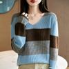 Suéter de Lana Fina con Cuello en V para Mujer, Holgado y Adelgazante, Base de Punto Bloque de Color, Estilo Perezoso, Colores Contrastantes, Versión Coreana con un Toque de Alta Gama