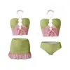 Novo Estilo Estilo Puro Desejo Bloqueio de Cores Francês Doce Tomara que Caia Bikini Conjunto de Três Peças Maiô Dividido Férias na Praia Bikini