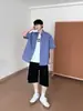 Camisa de manga corta a cuadros azules, estilo americano, retro, holgada, informal, combinable, para hombre y mujer, verano 2024