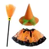 Falda de tutú de Halloween, sombrero de mago morado no tejido, escoba, conjunto de tres piezas de disfraz de Cosplay