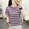 Camiseta feminina listrada roxa de manga curta, verão, gordinha, plus size, solta, emagrecedora, camiseta de algodão, top combinando