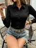 Nova camisa feminina outono europeia e americana mais vendida, cor sólida, elegante e moderna, manga longa, botões ocultos, com leve elasticidade e caimento