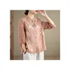 Blusa estilo chinês com gola alta e botões modificados, camisa vintage com bordados pesados para mulheres, novo produto de verão, blusa de algodão e linho com manga de três quartos