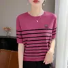 Camiseta listrada color block de manga curta transfronteiriça para mulheres, novo estilo verão 2026, roupas estilosas plus size femininas, malha de seda gelada