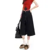 Jeans Americanos Retro Azul Oscuro Cortos para Mujer, Nuevo Estilo de Verano, Cintura Alta, Pierna Recta Suelta Pierna Ancha Shorts 7/8
