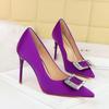 3265-K71 Moda Elegante Tacones Altos Zapatos de Tacón de Aguja con Pedrería y Hebilla Cuadrada de Boca Baja para Mujer Zapatos de Punta de Gama Alta para Mujer