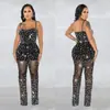 C6556 Transfronteiriço Aliexpress Amazon Moda Europeia e Americana Roupas Femininas Malha com Strass Sem Alças Sem Mangas Calça Longa Macacão