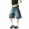 Shorts Jeans de Bainha Curva Estilo Jin Jing para Mulheres, Tendência de Verão Casual Versátil de Perna Larga Comprimento no Joelho, Shorts Soltos Versáteis