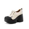 Zapatos de Cuero Genuino para Mujer, Redondos, con Cordones, que Aumentan la Altura 10 cm, Nuevo Color Primaveral, Bloques de Color, Estilo Británico, Zapatos de Cuero de Tacón Alto