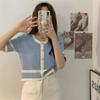 Cardigã de Tricô de Manga Curta com Decote V Contrastante de Cintura Alta Estilo Puro Desejo Design de Verão Nicho Francês Top Curto Chic para Mulheres