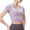 Nova camiseta feminina de manga curta com mangas curtas e mangas curtas para esportes com almofada no peito Running Sports Top