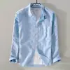 Camisa de Linho Cor Sólida para Homens, Manga Longa, Casual, Gola Reversível, Corte Slim, Estilo Japonês Jovem, Simples, Tecido Respirável de Algodão e Linho