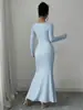 Moda Elegante Europeia e Americana para Senhoras Justo Elástico Sexy Manga Longa Cauda de Peixe Vestido Longo