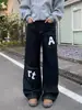 Jeans Retrô Americano Lavado High Street com Estampa de Letras Novo Nicho Versátil Design Cimitarra Jeans Reto