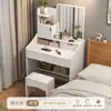 Penteadeira para quarto de casa, design simples e moderno com espelho, mesa de maquiagem compacta multi-funcional com armazenamento
