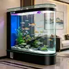Acuario ecológico de vidrio ultra transparente con forma de bala para sala de estar, pecera de pantalla estilo mediano a grande, de pie