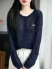 Cardigan de Tricô de Bambu Novo Primavera/Verão 2026 Gola Redonda Manga Longa Feminino Bordado com Letra Solto Fino