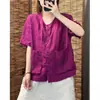 Outono Verão Artístico Retrô Estilo Simples Algodão Linho Manga Curta Camisa Top Novo Design de Bolso Cardigã Solto Emagrecedor Feminino