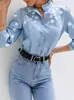 Otoño/Invierno 2025 Ropa Femenina de Comercio Exterior Transfronterizo Europea y Americana Camisa de Manga Larga Floral con Cuello Vuelta y Mangas de Farol Top Más Vendido en Amazon