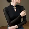 Nuevo top de malla fino de estilo chino para mujer, otoño, cuello alto, hueco, capa base, con un toque de alta gama