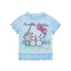 Camiseta Cropped Manga Curta Hello Kitty Estilo Americano com Gola de Renda Fofa para Mulheres, Nova Slim-Fit 2026 Valoriza a Silhueta