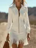 Vestido Europeu e Americano Transfronteiriço Feminino Ajustado com Franjas de Camurça 2026; Design de Bolso Afunilador para Cintura, Estoque Pronto de Fábrica