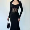 Vestido Negro de Encaje con Patchwork de Manga Larga para Socialité Sexy, Lujo Ligero, Gama Alta, Elegante, Ajustado, que Resalta la Figura, Largo para Mujer en Otoño