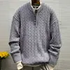 Suéter Henley azul marinho estilo americano para homens, top de malha quente para outono e inverno com design de trança, peça interna moderna masculina