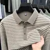 Camiseta de Manga Comprida Masculina Outono Novo Estilo Meia-idade Casual Versátil Listrada Amiga da Pele Gola Polo Camiseta Básica