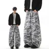 Temporada de Primavera y Otoño Jeans Camuflados de Estilo Hip-Hop Americano para Hombre con Cintura Invertida Única, Corte Holgado, Pantalones de Pierna Ancha Lavados
