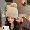 Gorro de Lana Tejido Estilo Coreano Otoño/Invierno para Mujer con Forro Polar Añadido para Calidez, Gorro con Pompón, Estilo Versátil Ins, Dulce, Gorro de Protección contra el Frío