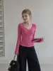 Ummoimoi Camiseta de Manga Larga con Cuello en V Rosa de Alto IQ con Cintura Ajustada para Mujer Estilo Suave de Otoño Corte Ajustado Capa Interior Capa Exterior Top