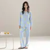 2026 Novo Pijama para Mulheres Primavera e Outono Algodão Puro Manga Longa Conjunto Azul Pode Ser Usado Fora Solto Casual Roupas de Casa 100% Algodão