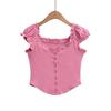 Camiseta de Manga Corta Ajustada para Mujer, Estilo Spice Girl Europeo y Americano, Diseño de Hebilla de Oreja de Madera, Top Corto de Cintura Alta Nuevo de Verano