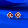 Joyas Mujing Transmisión en Vivo Nuevos Pendientes de Trébol de Cuatro Hojas de la Suerte de Plata S925 Color Ágata Rojo Lujo Accesible Estilo de Moda