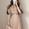 Fotos Reales Enviadas Vestido Largo Plisado con Solapa Elegante para Mujer Verano Nuevo Estilo Adelgazante con Cinturón