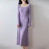 2026 Nuevo Otoño Invierno 100% Lana Vestido Largo de Punto para Mujer Manga Larga Por Encima de la Rodilla Adelgazante Favorecedor Suéter de Capa Interior