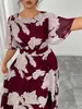 Vestido Largo de Chifón Elegante para Mujer Talla Grande de Primavera/Verano con Cuello Redondo, Mangas de Campana Fruncidas, Corte Entallado y Caída