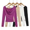8695-26 Verano Estilo Coreano Ajustado Cuello Redondo Color Helado Liso Manga Larga Suéter Camiseta Camisa Base