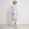 Falda de Temperamento Suave para Salidas Falda Larga Plisada Japonesa con Dobladillo de Borlas Color Sólido Cuello Redondo Holgada Favorecedora Vestido