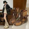 Botas nuevas de moda estilo motociclista con cordones, retazos, caña corta ajustada, suela gruesa, aumento de altura interior, botines cortos estilo western para mujer 2026m color