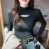 H563 Patchwork Calado Otoño/Invierno Nuevo Camiseta Básica Calada de Cuello Alto para Mujer, Elegante Top de Manga Larga para Chicas a la Moda