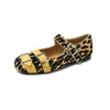 Sapatos Mary Jane de Couro + Pelo de Vaca Estampa Leopardo para Mulheres, Sapatos Baixos, Novo Estilo Primavera, Fivela de Couro Genuíno, Sapatos de Bico Baixo Color-Blocking para Mulheres