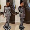C6198 AliExpress Amazon Vestido de manga larga con diamantes de imitación transparentes de malla de color liso para mujer, moda europea y americana