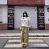 Calça Jeans Cargo Khaki de Perna Larga para Mulheres Design Novo de Primavera Cintura Alta Solta Modeladora Reta Casual