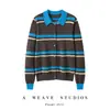 Cardigan suéter jaqueta de tricô com gola polo listrada color block estilo coreano, adequado para usar como peça externa ou em camadas, top versátil para mulheres no outono e inverno