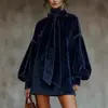 Sitio Web de Moda Independiente Europeo y Americano 2025 Nuevo Vestido Mini de Terciopelo de Cuello Alto con Lazo y Mangas Abullonadas