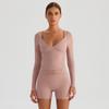 Nueva Ropa Exterior Ajustada Top de Yoga de Manga Larga con Cuello en V Profundo para Mujer Camiseta Deportiva de Secado Rápido para Correr Ropa de Fitness Nude