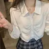 Nova Camisa Azul Fresca Estilo Coreano College Moda Francesa Curta para Mulheres Primavera e Outono de 2026